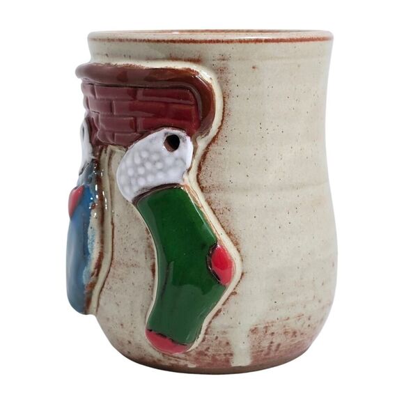 Mudworks USA Hand Made Pottery Mug Christmas Applied Stockings On Fireplace - Picture 3 of 11